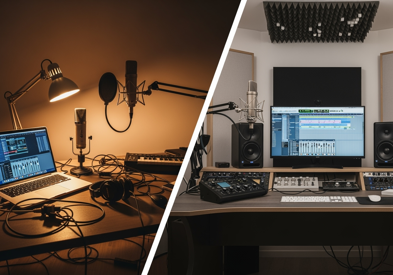 Professional audio studio with warm, inviting atmosphere