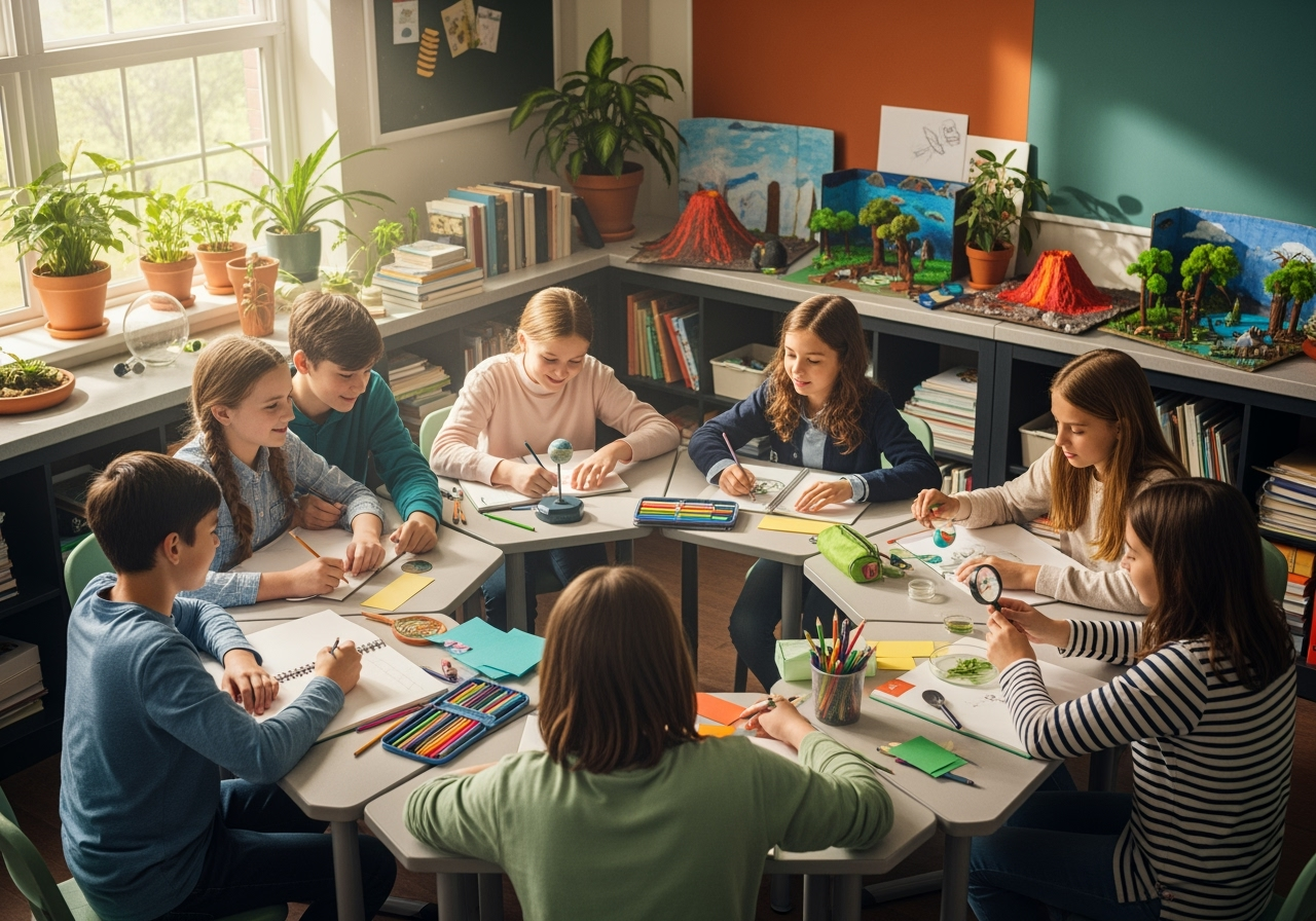 Seventh grade students collaborating in a bright, welcoming classroom with books, science projects, and creative group work. The room is filled with natural light, plants, and inspiring earth-toned decor. Students are engaged, smiling, and working together on hands-on projects.