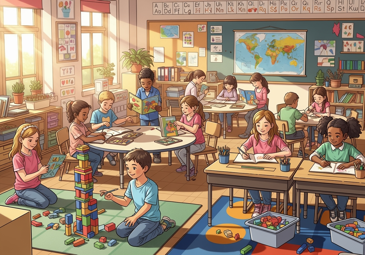 First grade children learning and playing together in a bright, cheerful classroom with books, art supplies, and building blocks. The children are smiling, engaged in reading, drawing, and group activities.