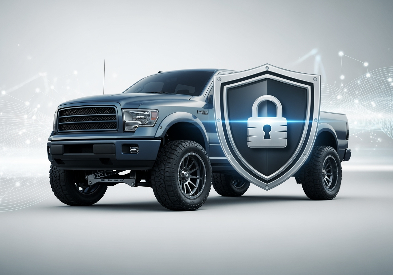 Highly modified pickup truck with a large shield and lock icon, symbolizing privacy and data protection for truck parts customers.