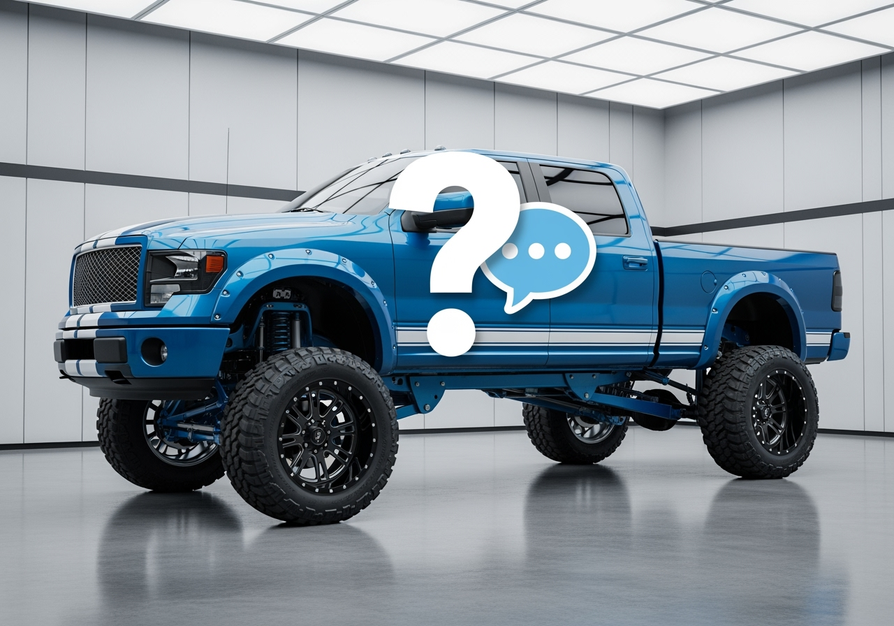 Highly modified pickup truck with a question mark and chat bubble icon, representing helpful answers and support for truck enthusiasts.