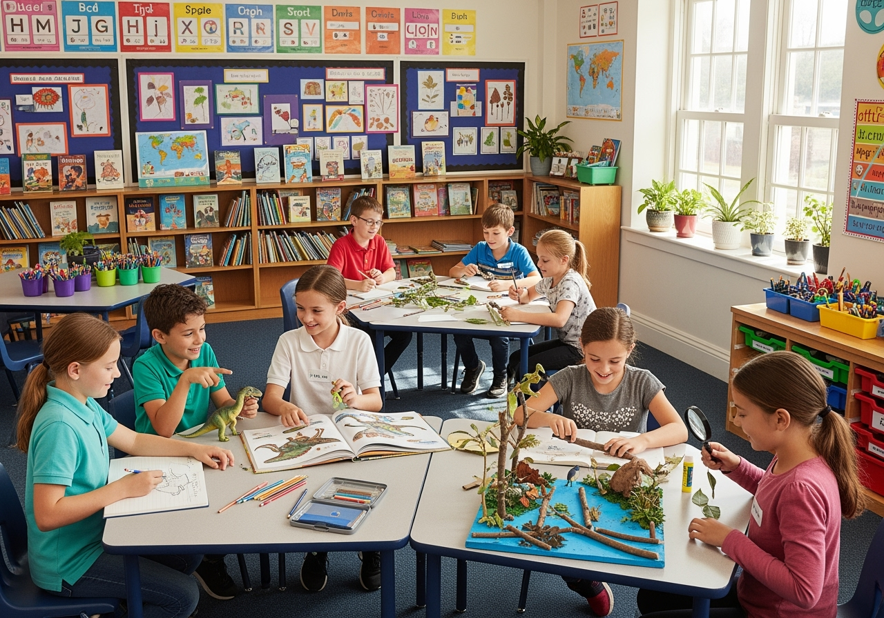 Fourth grade children learning and collaborating in a bright, cheerful classroom with books, art, and nature projects. The students are working together, smiling, and engaged in group activities. The room is filled with natural light and colorful decorations.