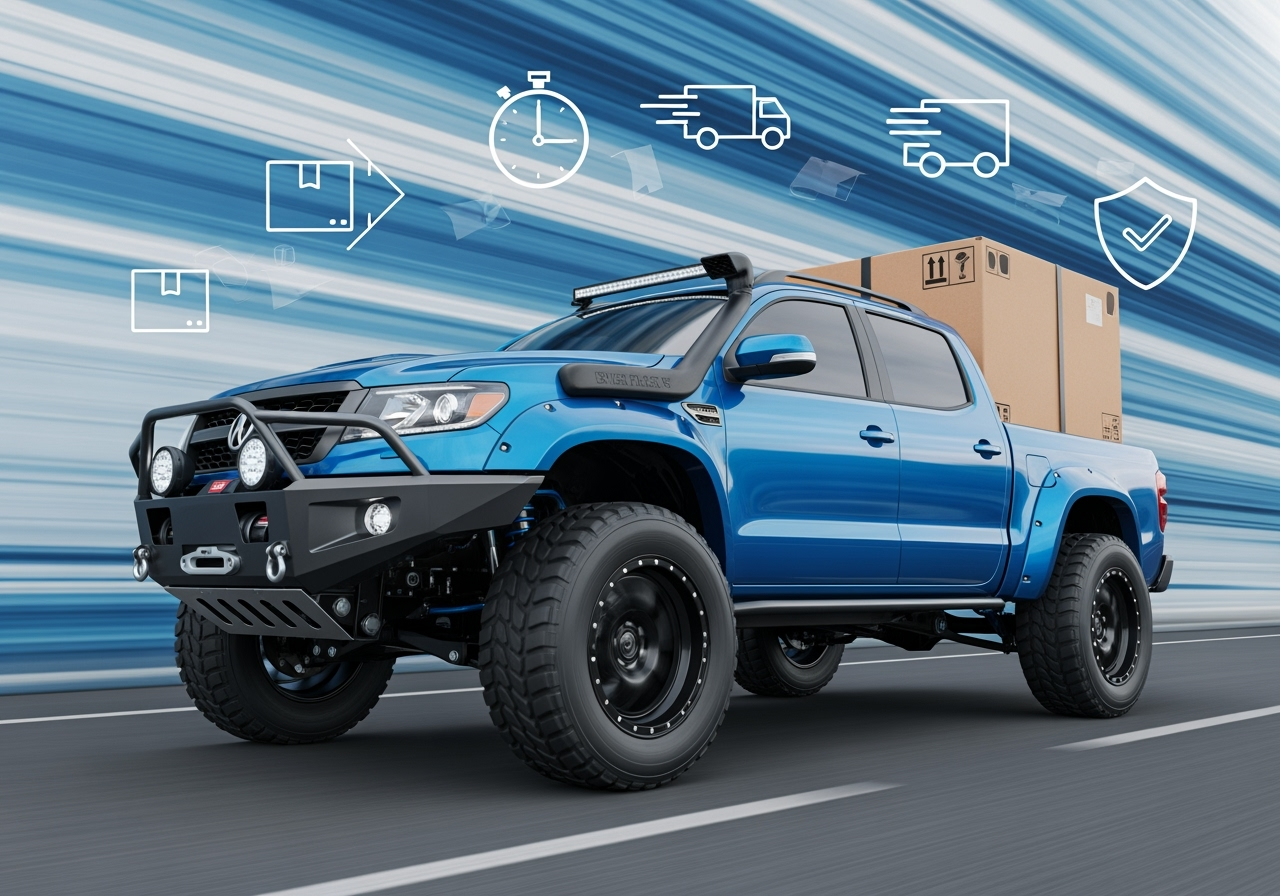 A highly modified pickup truck with a large generic shipping box in the bed, set against a dynamic background with motion lines and delivery icons to symbolize fast and reliable shipping. No text or brand names.