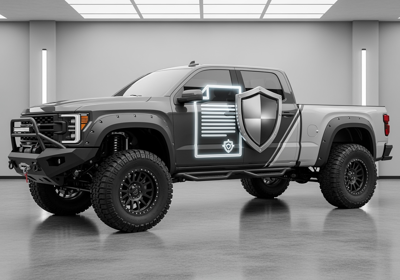 Highly modified pickup truck with a document and shield icon, representing terms, transparency, and legal protection for truck parts customers.