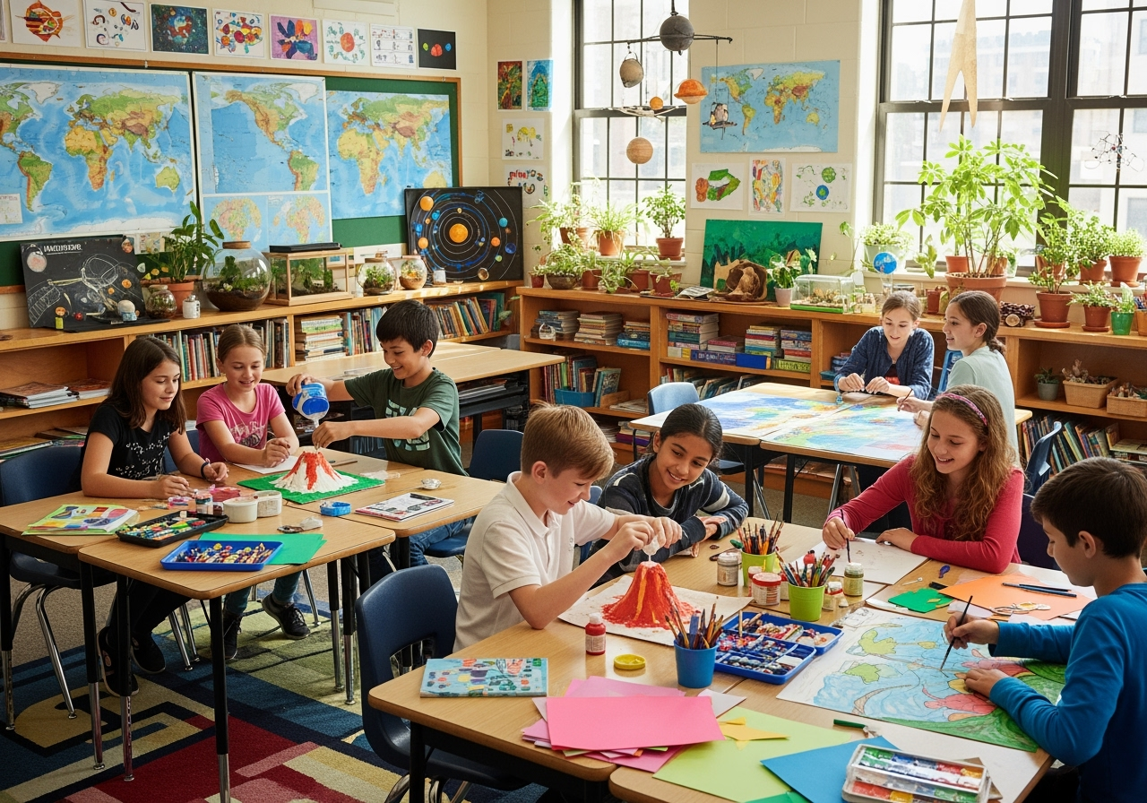 Sixth grade children collaborating in a bright, welcoming classroom with books, art supplies, science projects, and maps. The students are working together on hands-on experiments and creative assignments, smiling and engaged. The room is filled with natural light, plants, and colorful, earth-inspired decorations.