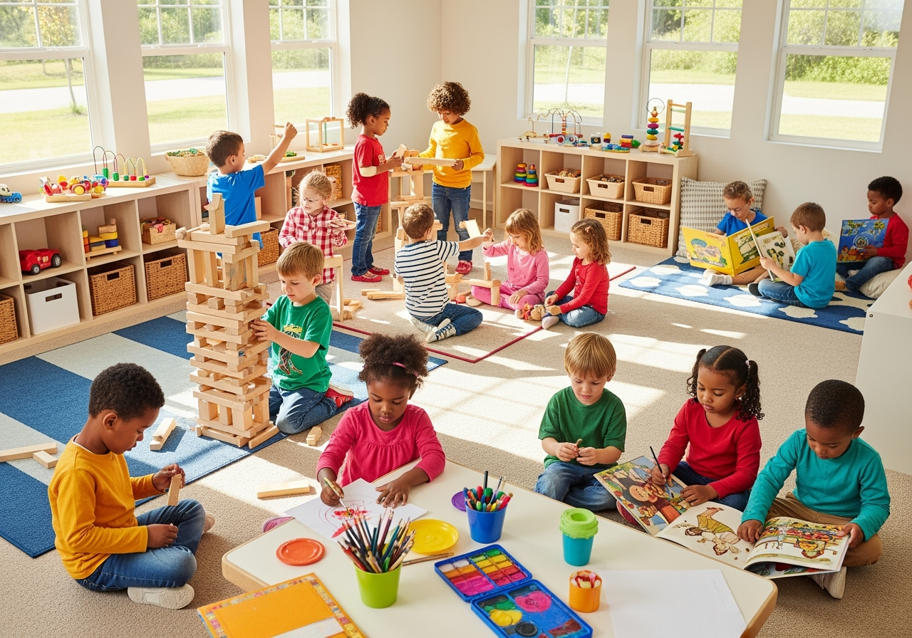 Preschool children playing happily in a bright playroom, enjoying learning and discovery.