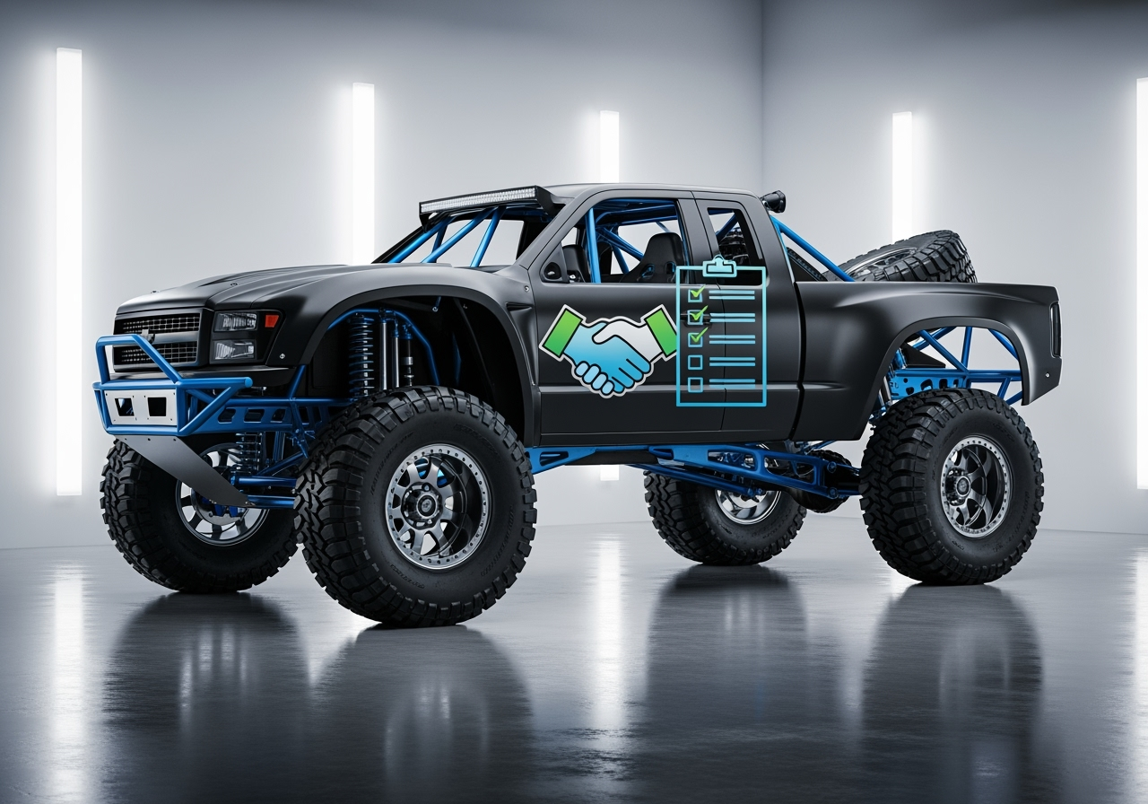 Highly modified pickup truck with a handshake and checklist icon, representing partnership and clear vendor guidelines for a truck parts marketplace.