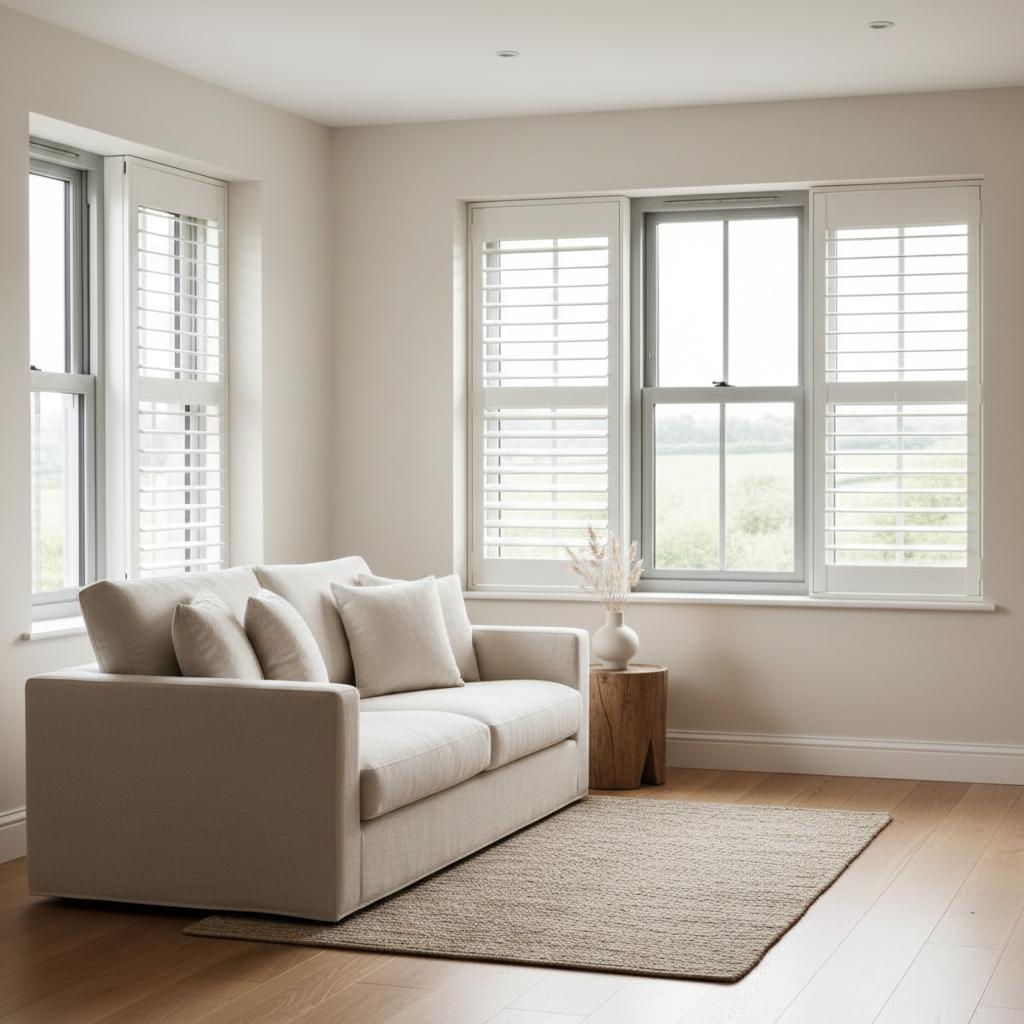 Modern living room with Urban Shutters Perfect Fit blinds on UPVC windows, showcasing damage-free window treatment solution