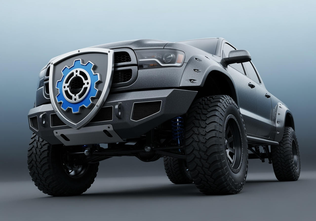 Highly modified pickup truck with a large shield and gear icon, symbolizing warranty protection and reliability for truck parts.