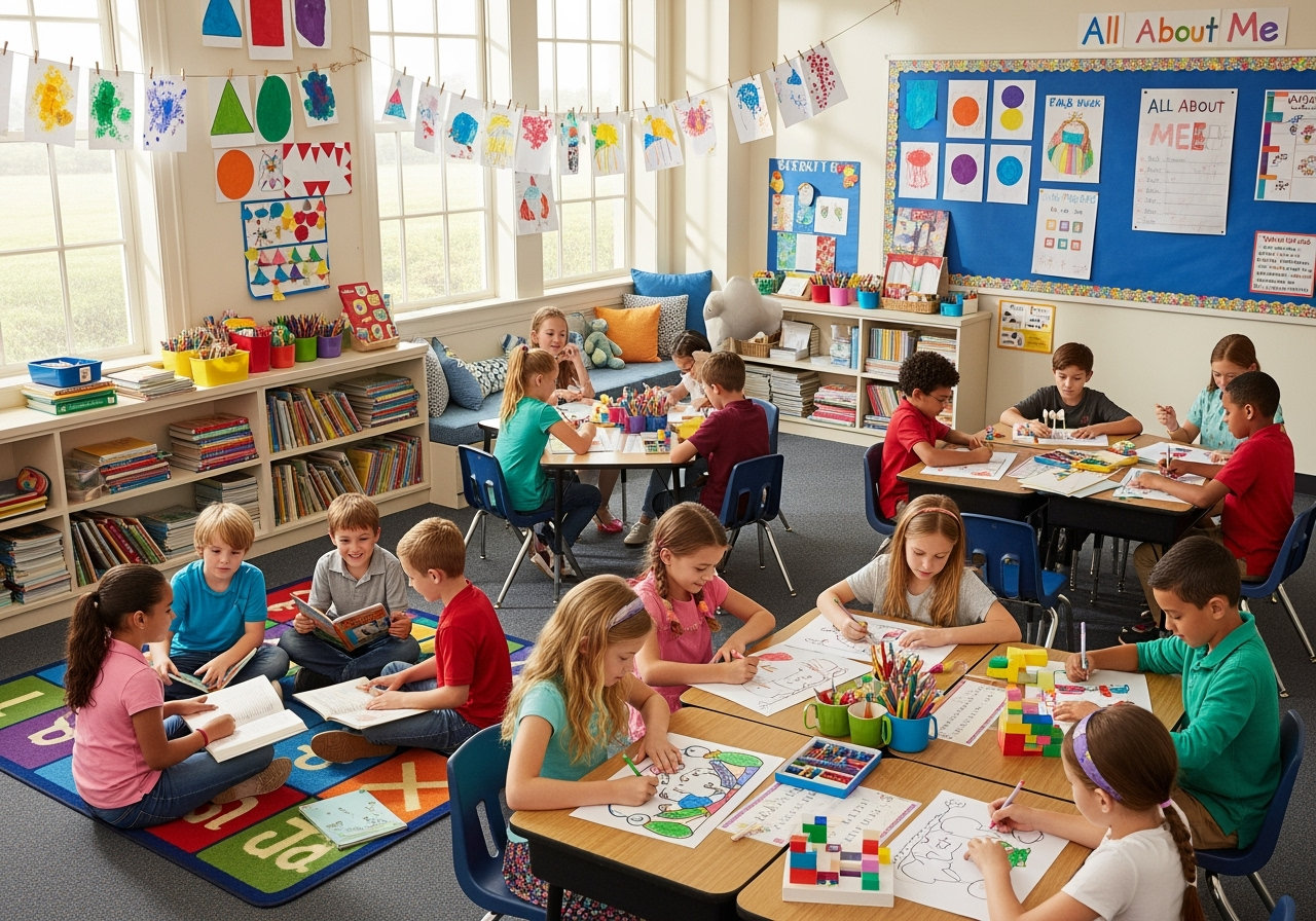 Second grade children learning and working together in a bright, cheerful classroom with books, art supplies, and group activities. The children are smiling and engaged in reading, drawing, and hands-on projects.