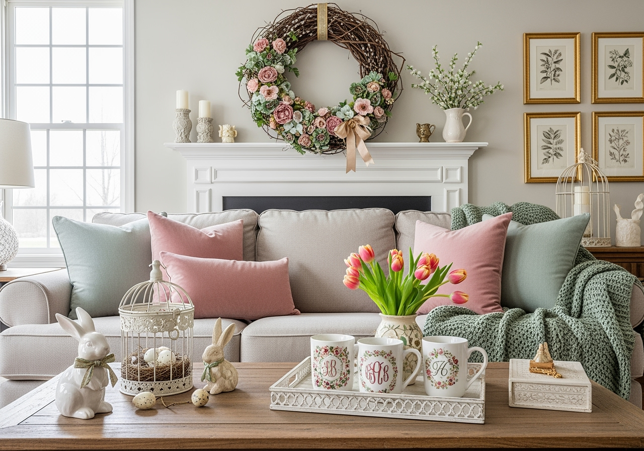 Beautiful spring home decor scene with personalized touches and handcrafted items