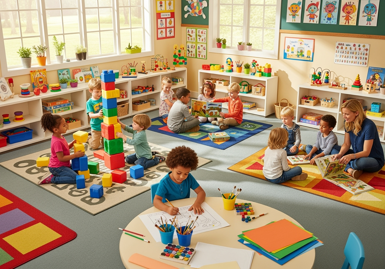 Kindergarten children playing and learning happily in a bright, colorful classroom with blocks, art, and books.