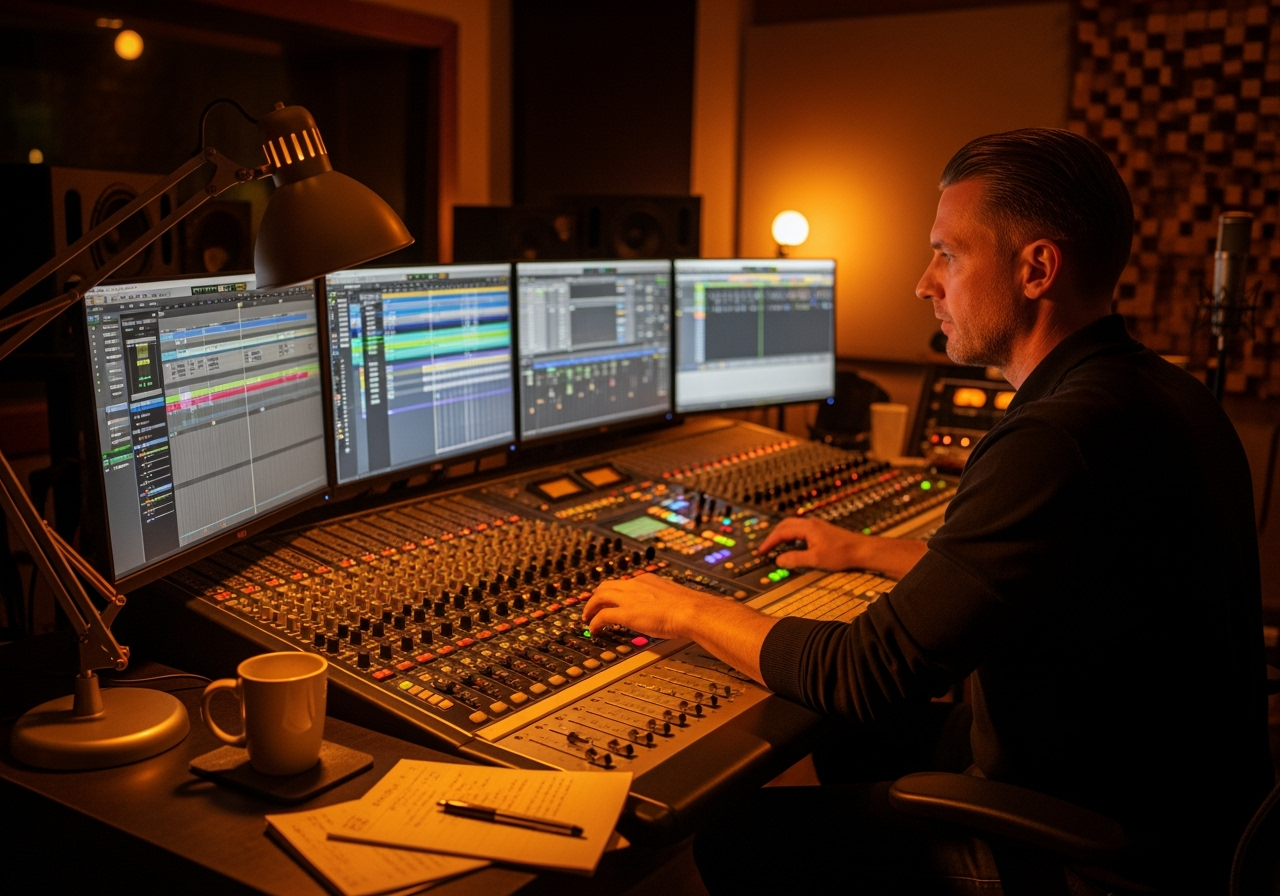 Audio producer working efficiently in professional studio