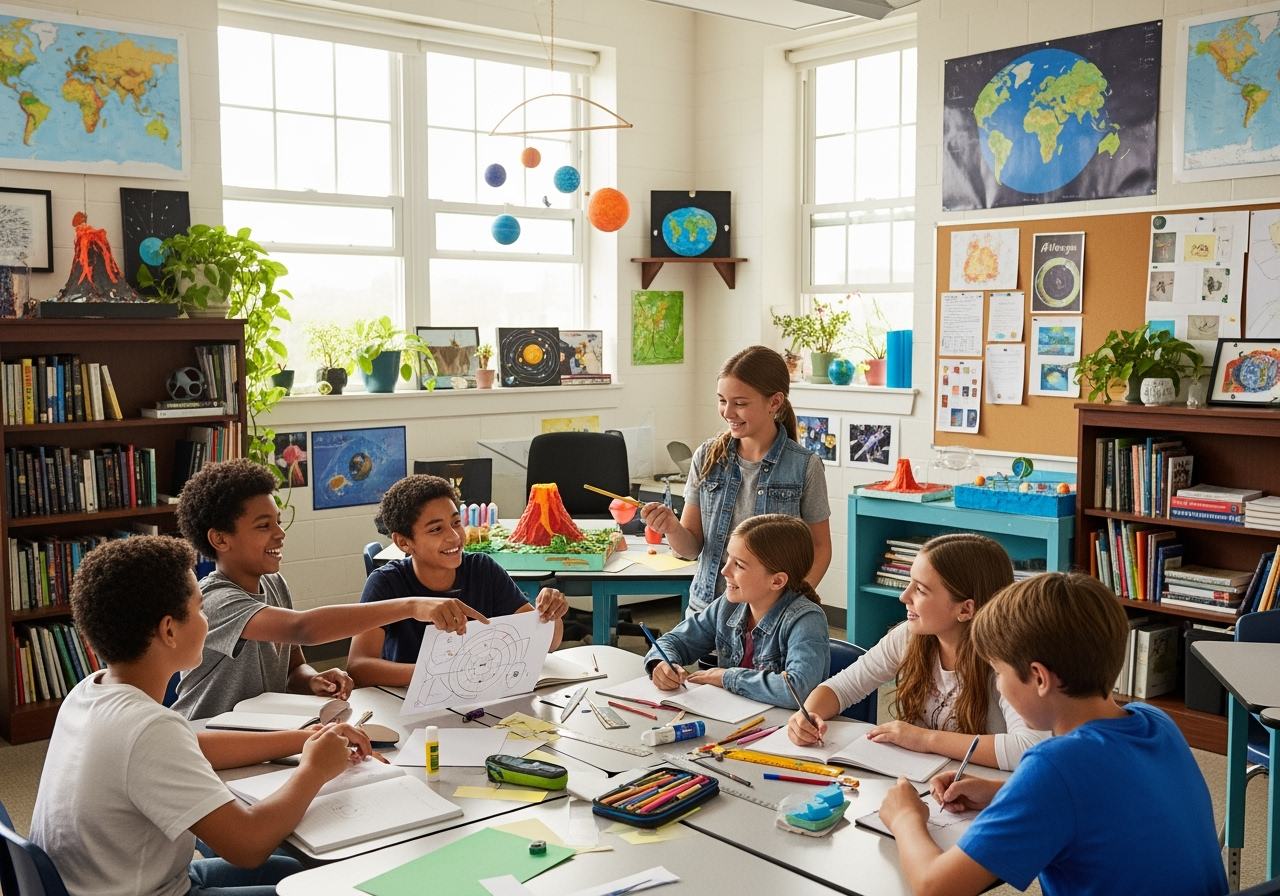 Eighth grade students working together in a bright, collaborative classroom with books, science projects, creative assignments, and earth-inspired decor. The room has natural light, plants, and students are engaged, smiling, and collaborating on hands-on projects.
