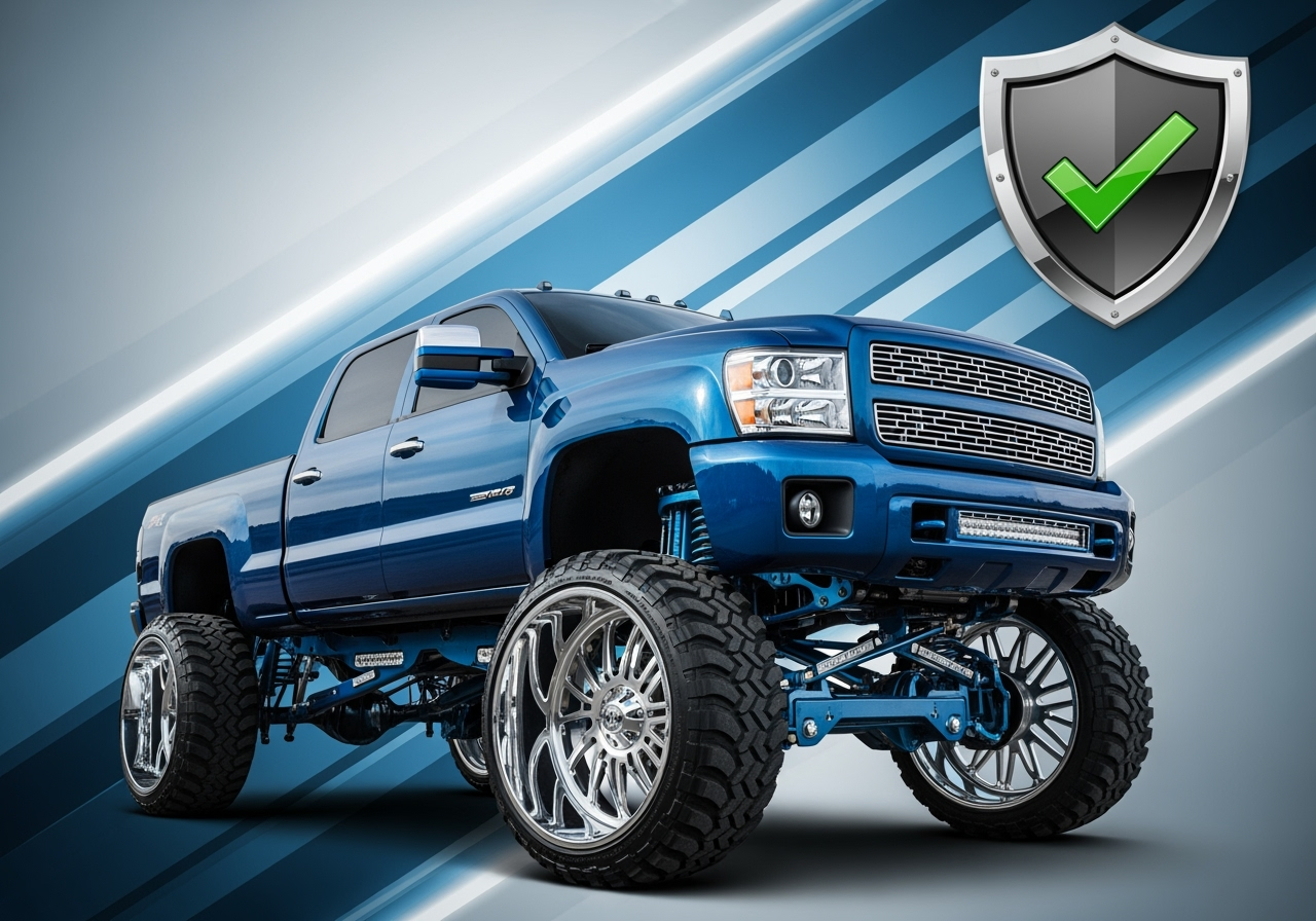 A highly modified pickup truck with a shield and checkmark overlay, representing secure and hassle-free returns for truck parts at Customize Your Trucks Marketplace.
