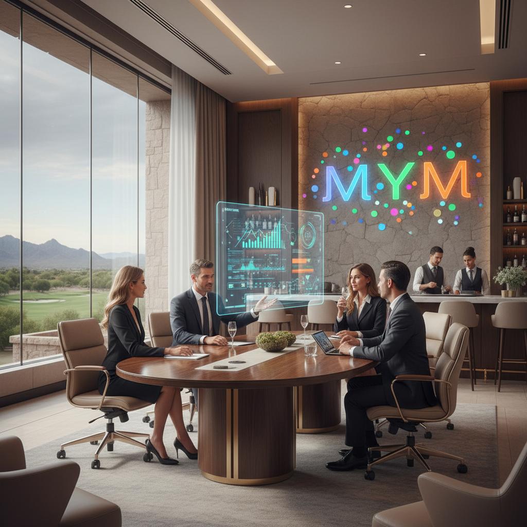 Business meeting in modern conference room with digital analytics display, Minding Your Media branding, professionals discussing marketing strategies, and bar service in background.