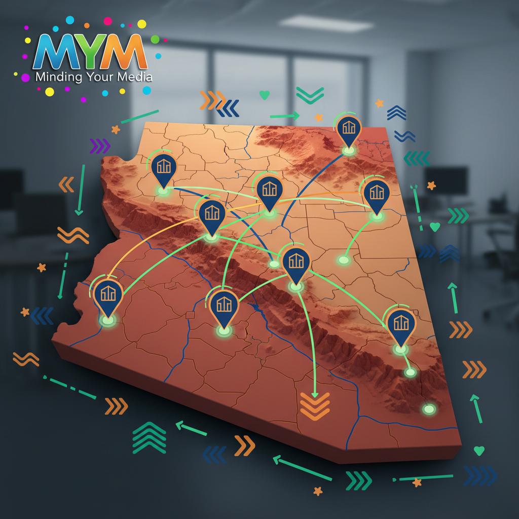 Map of Arizona with highlighted locations and connections, representing Minding Your Media's digital marketing services for various industries, including legal, with a colorful logo in the corner.